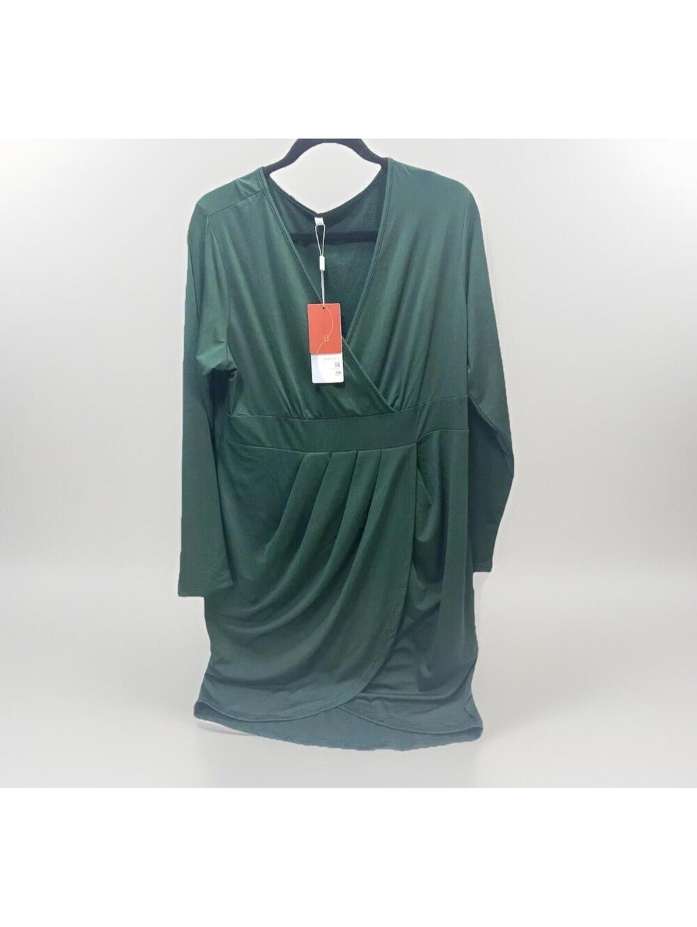 Women’s Classy Dark Green 2XL Formal Dress V-Neck, Tummy Ruffle with Front Split